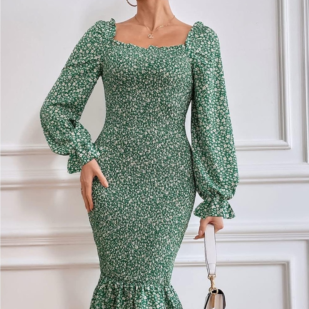 PRETTYGARDEN Women's Long Puff Sleeve Floral Midi Bodycon Dresses
